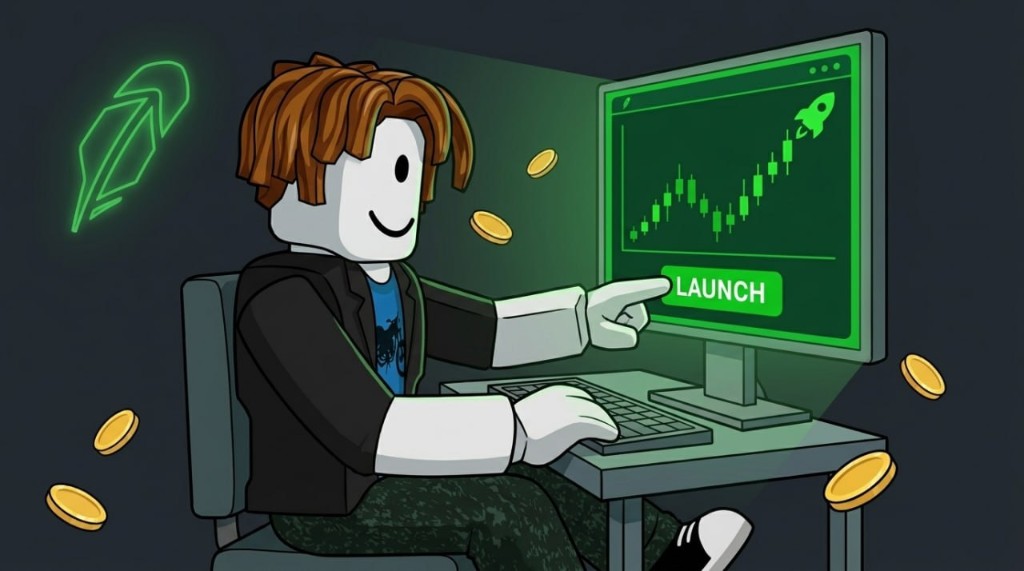 Stevie at a computer hitting LAUNCH on a green chart